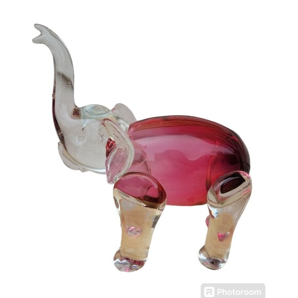 Rossi Glass Handmade Elephant Cranberry Art Glass Trunk Up 8" Tall - Picture 1 of 10